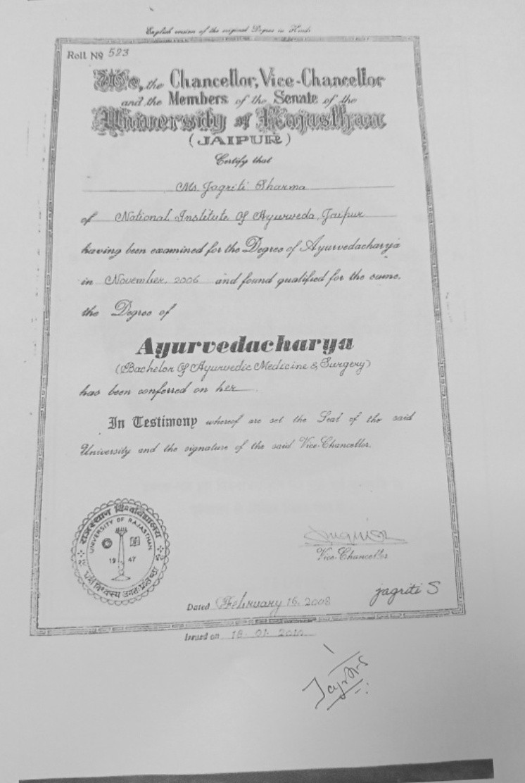 Ayurvedic doctor's certificate