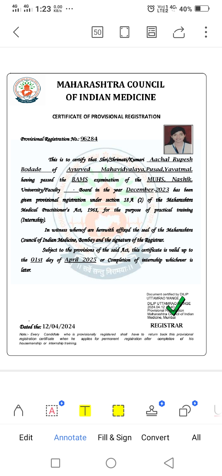 Ayurvedic doctor's certificate