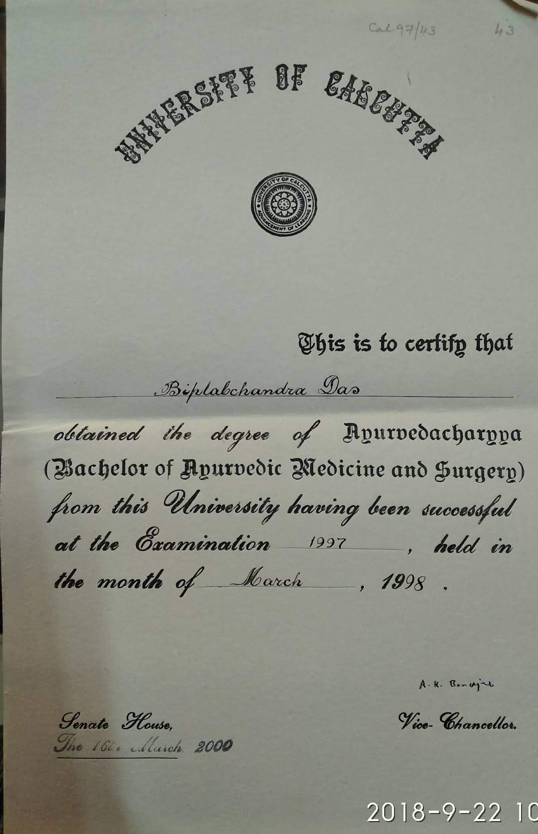 Ayurvedic doctor's certificate