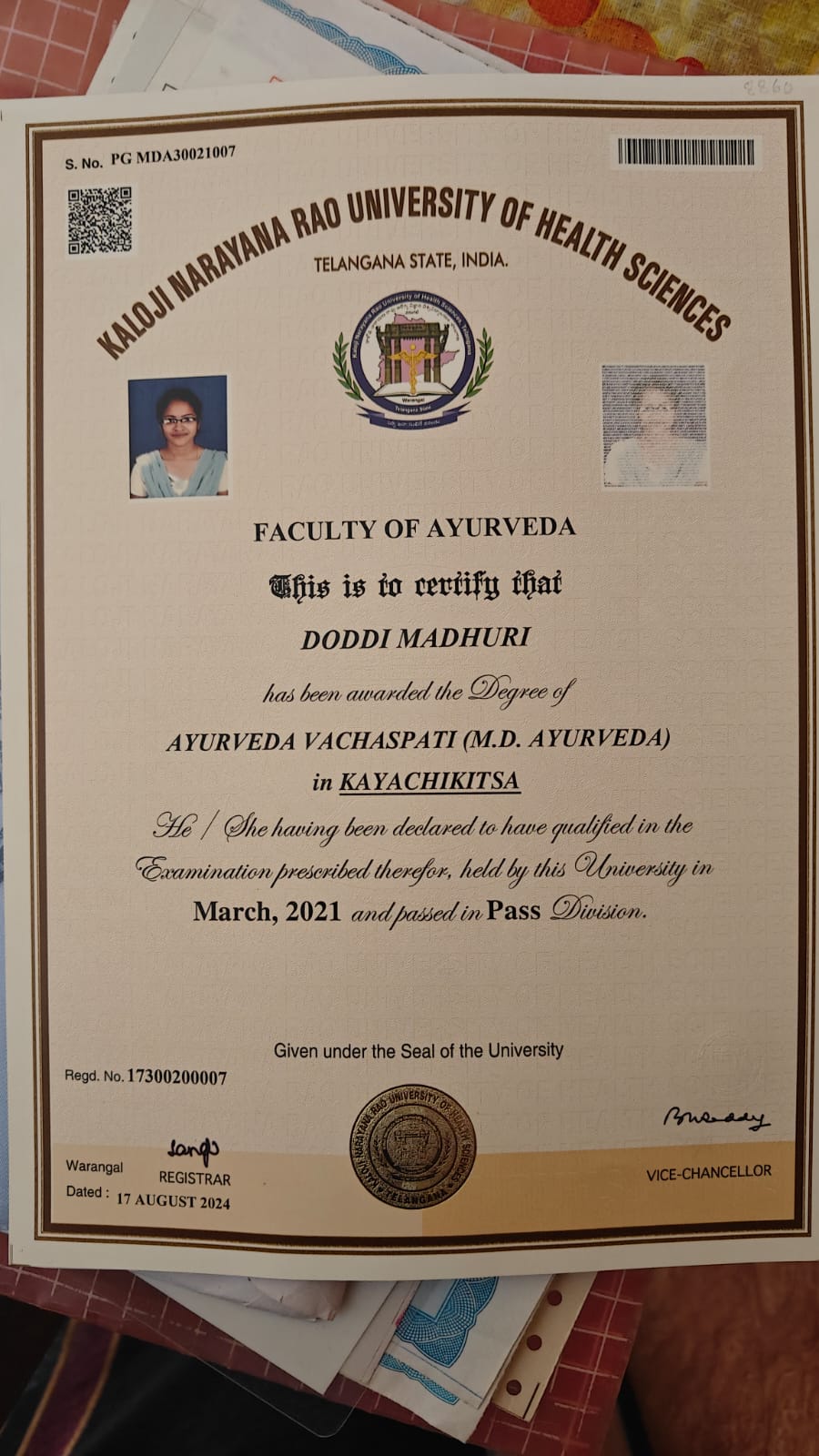 Ayurvedic doctor's certificate