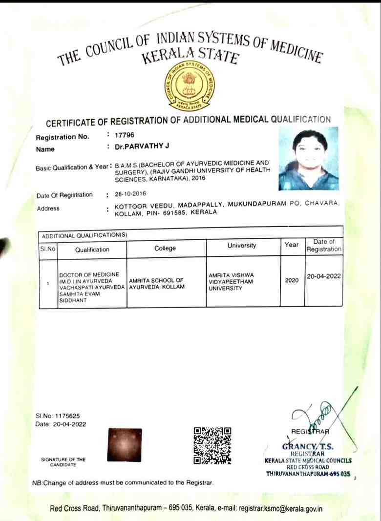 Ayurvedic doctor's certificate