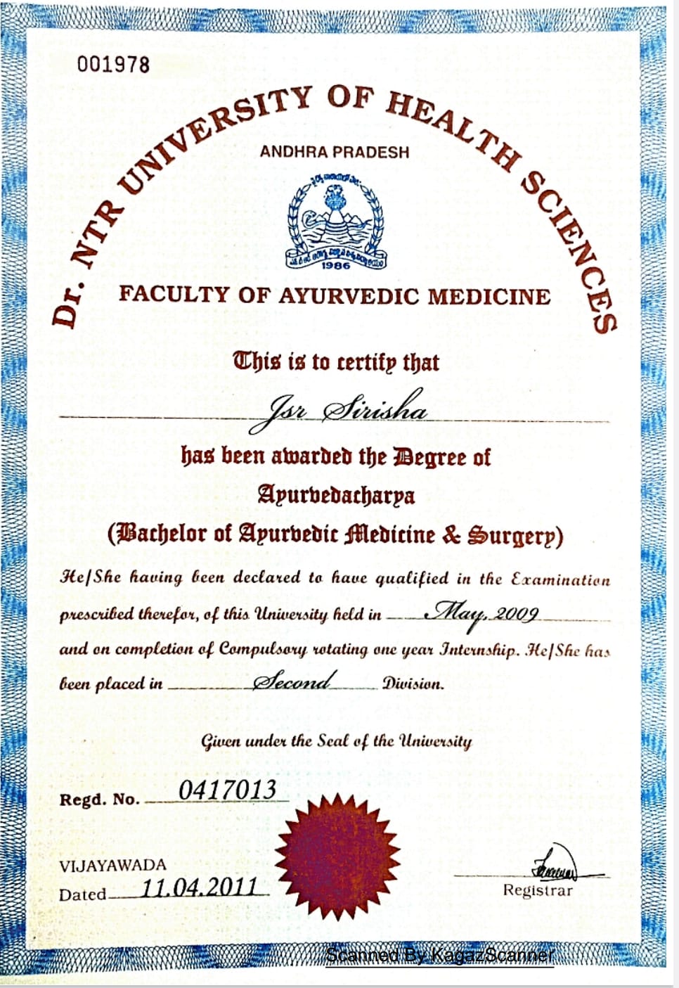 Ayurvedic doctor's certificate