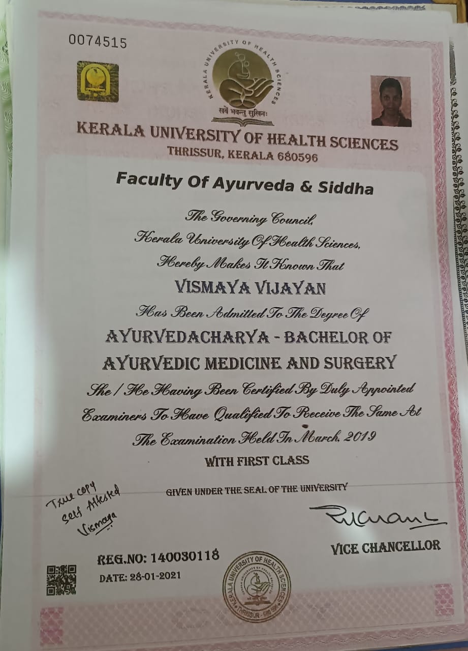 Ayurvedic doctor's certificate