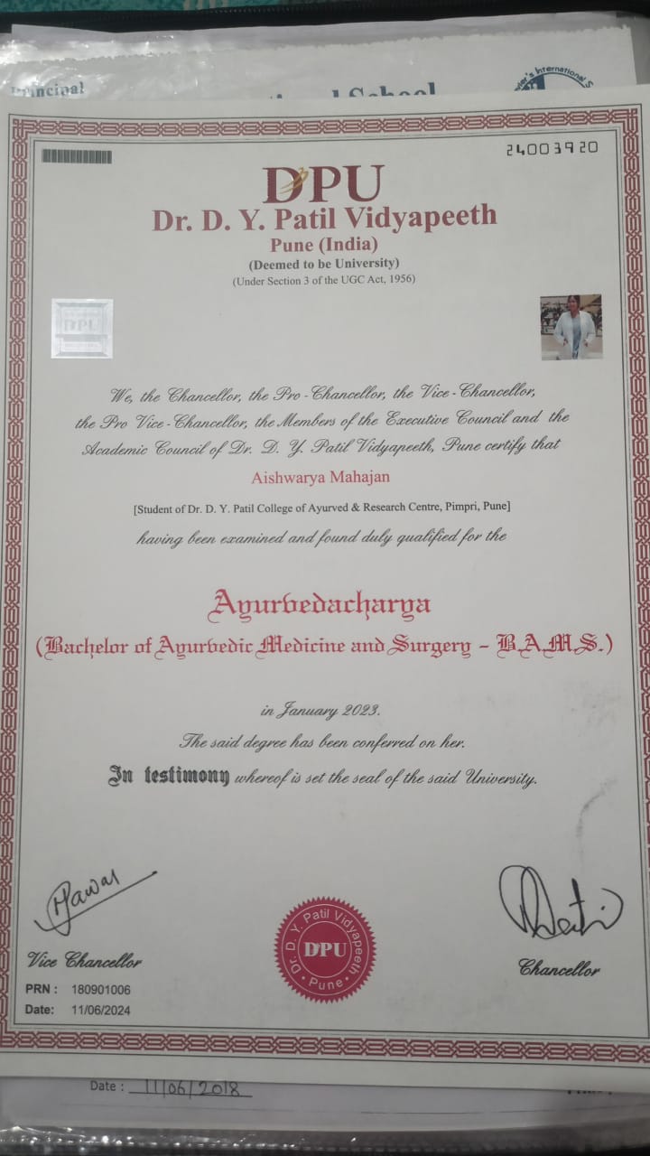 Ayurvedic doctor's certificate