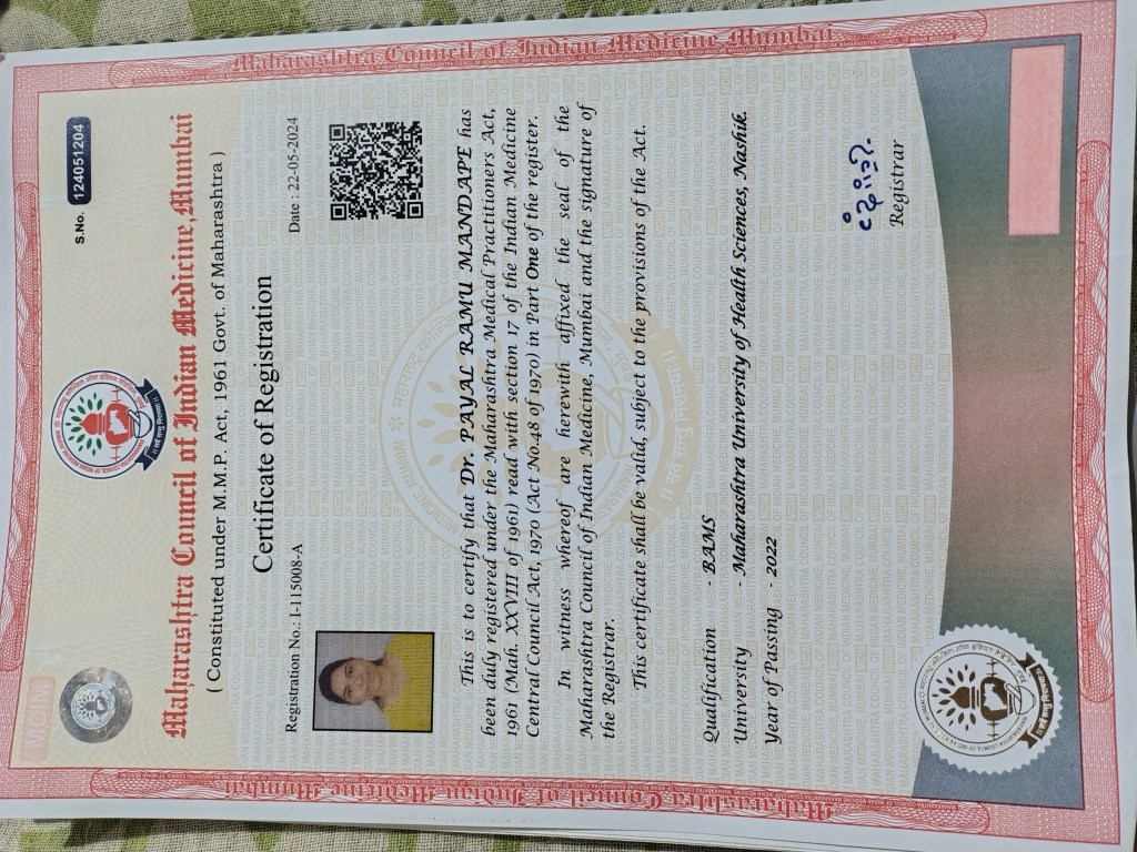 Ayurvedic doctor's certificate