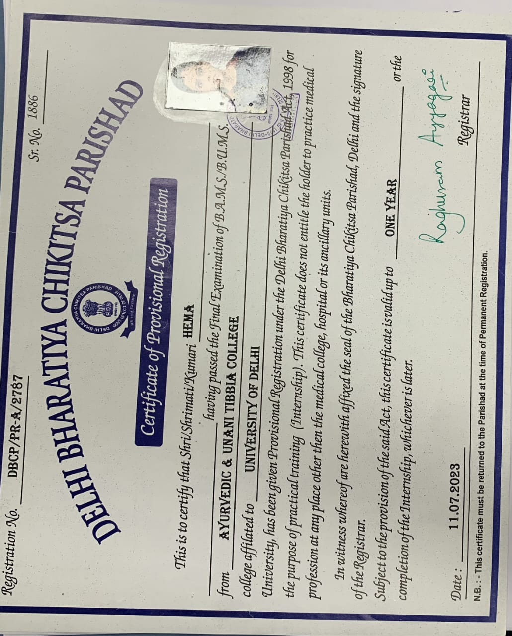 Ayurvedic doctor's certificate