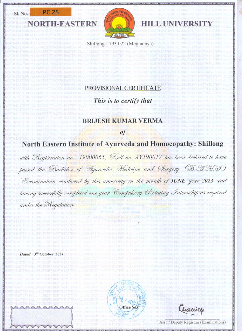 Ayurvedic doctor's certificate