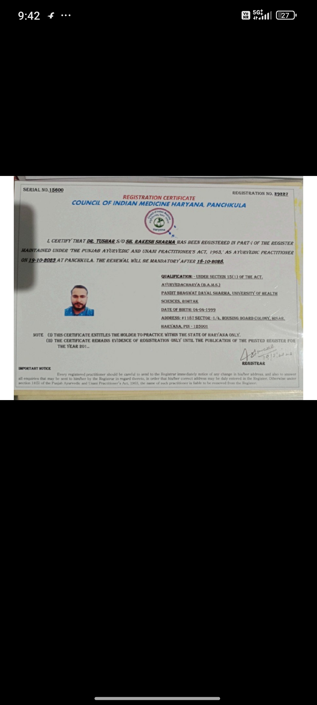Ayurvedic doctor's certificate