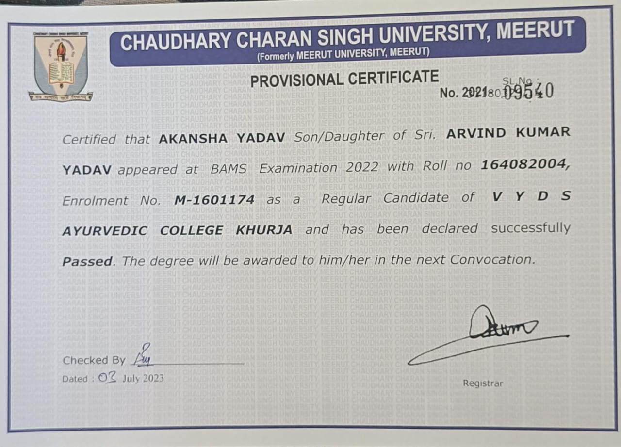 Ayurvedic doctor's certificate