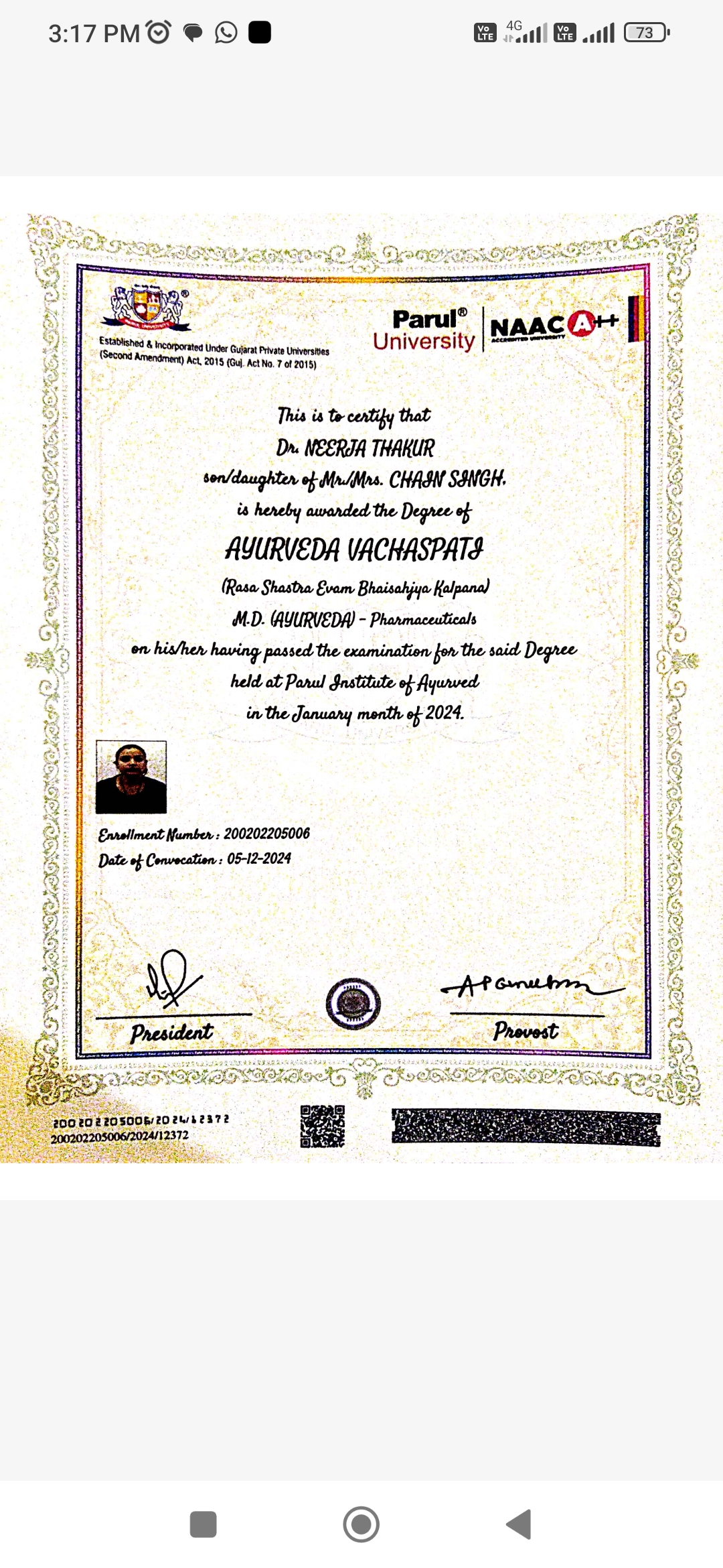 Ayurvedic doctor's certificate
