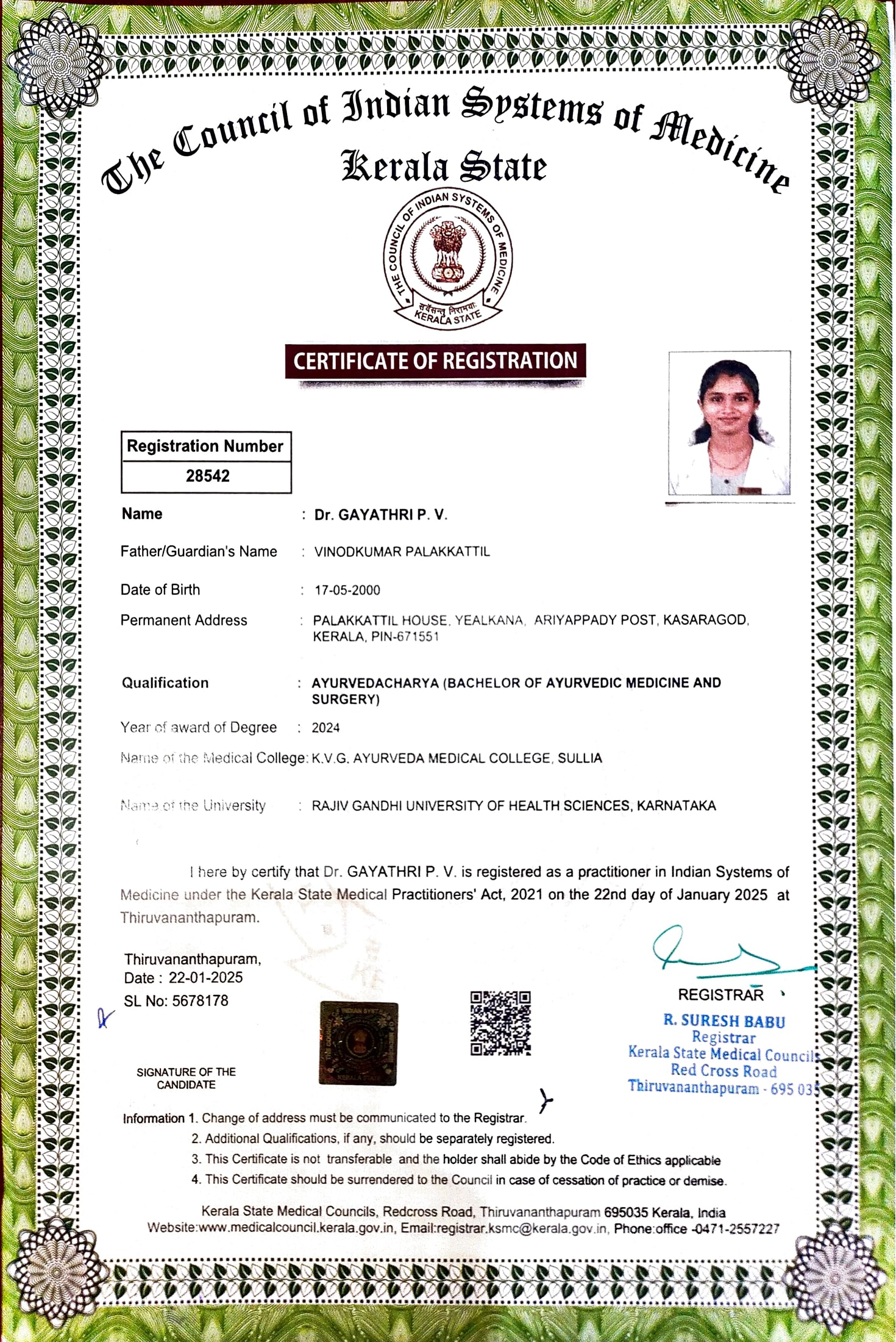 Ayurvedic doctor's certificate