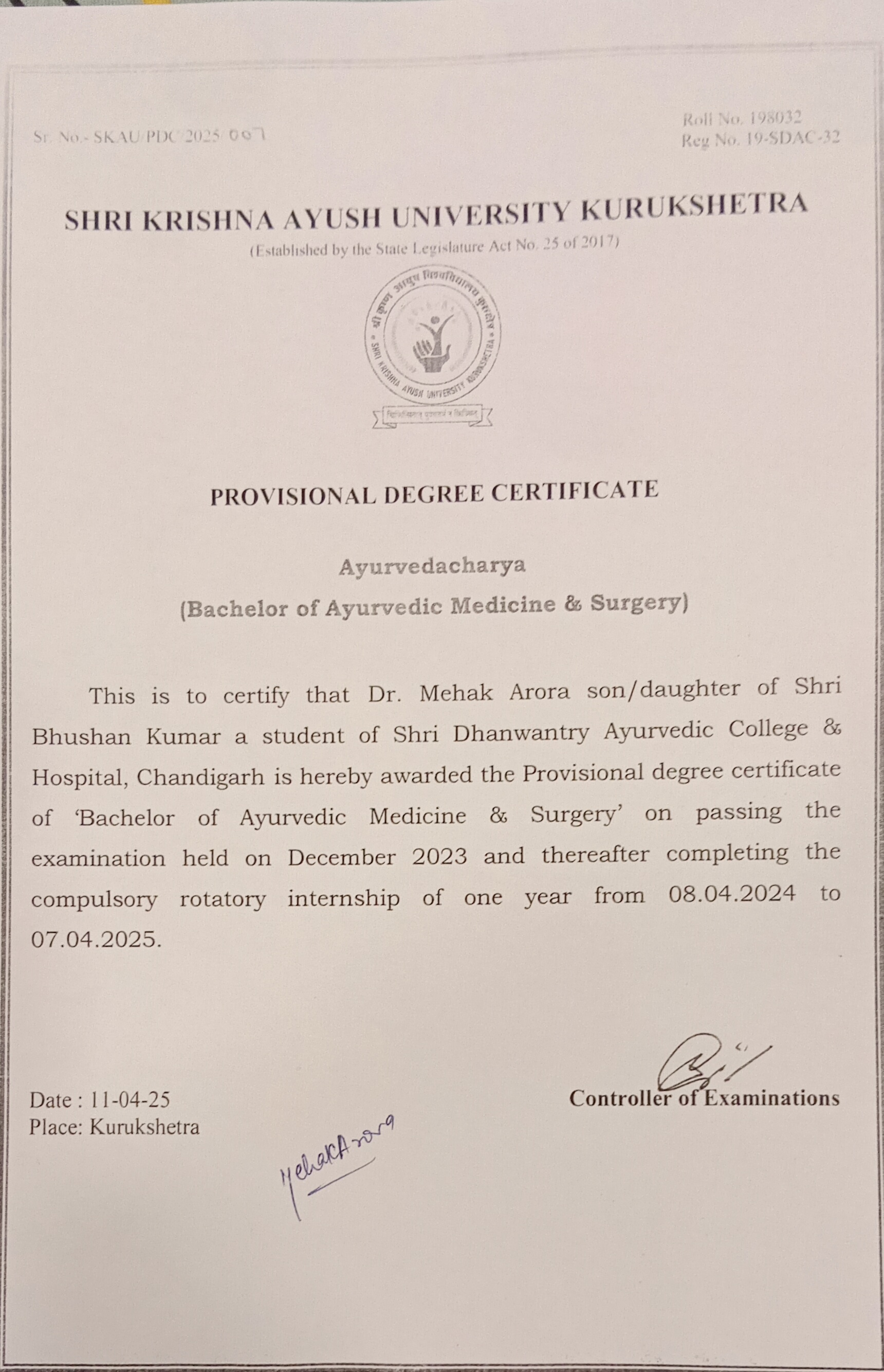 Ayurvedic doctor's certificate