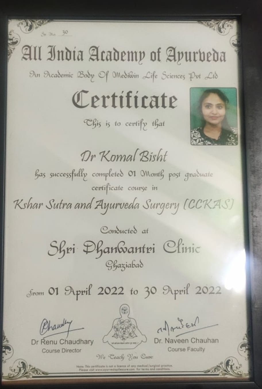 Ayurvedic doctor's certificate