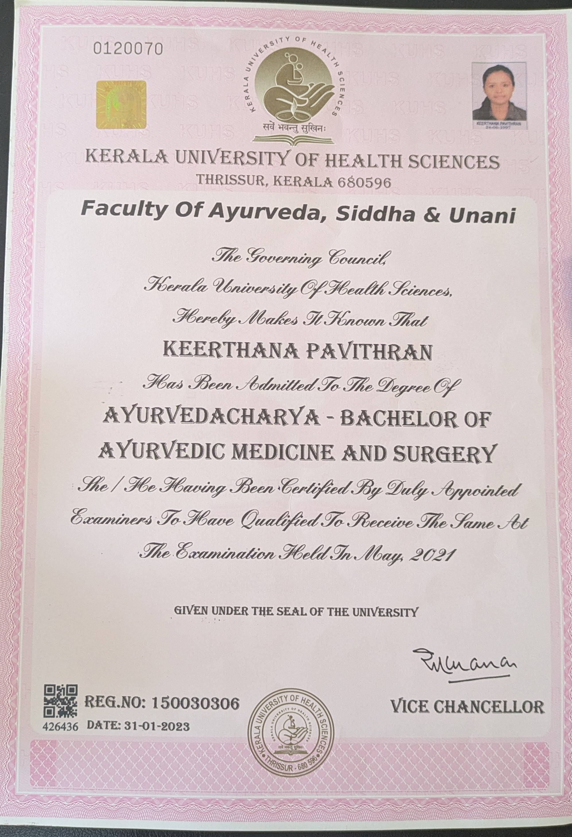 Ayurvedic doctor's certificate