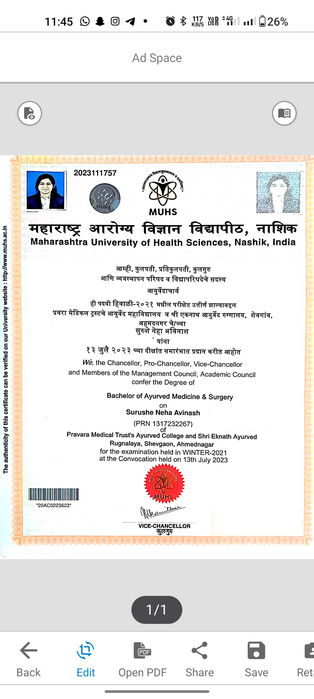 Ayurvedic doctor's certificate