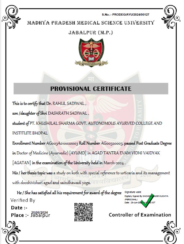 Ayurvedic doctor's certificate