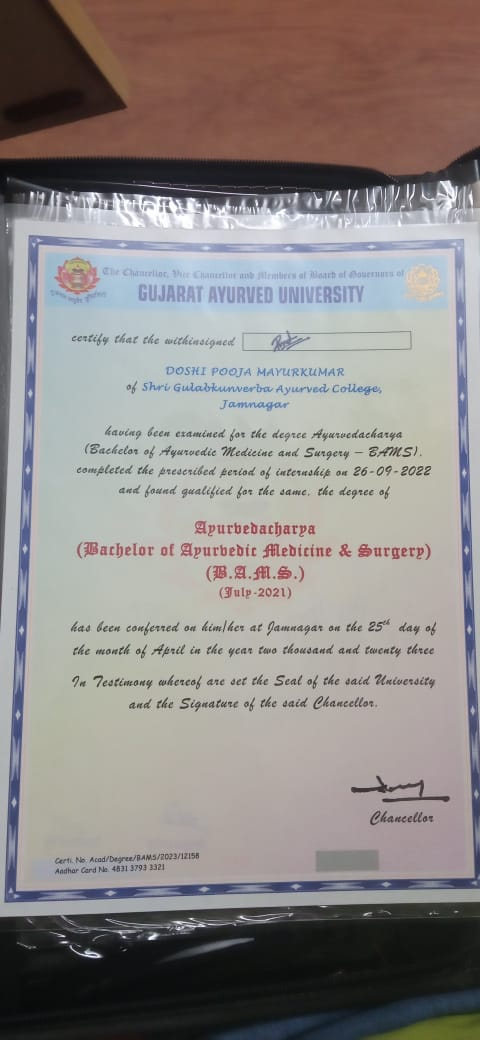 Ayurvedic doctor's certificate