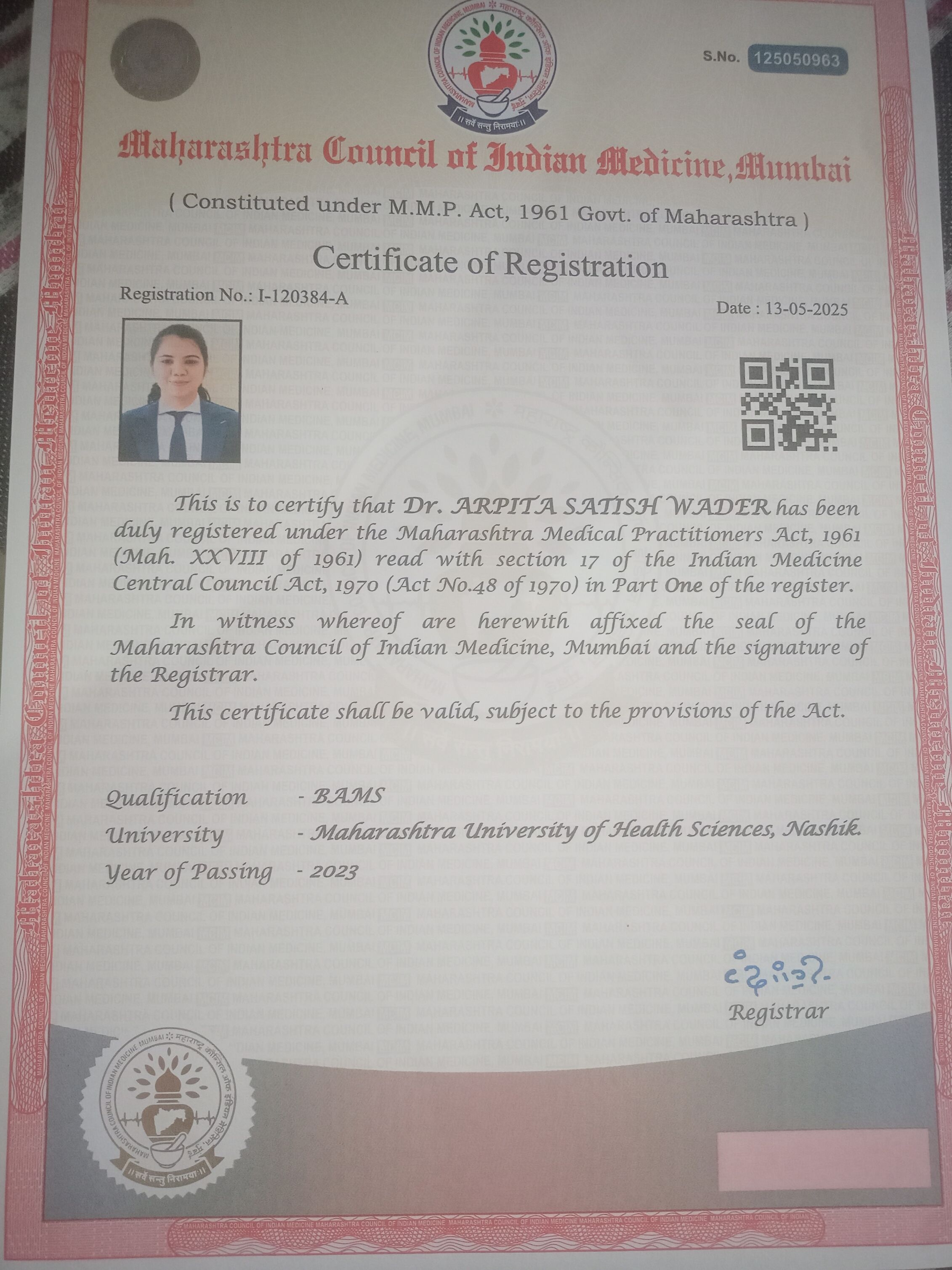 Ayurvedic doctor's certificate