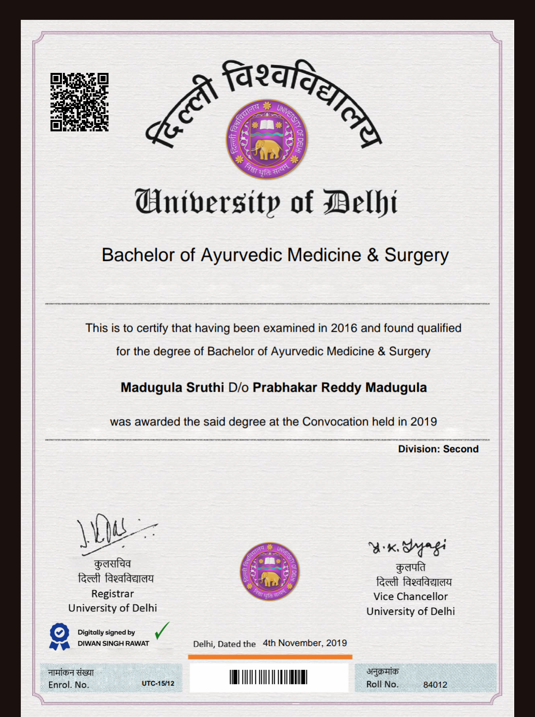 Ayurvedic doctor's certificate