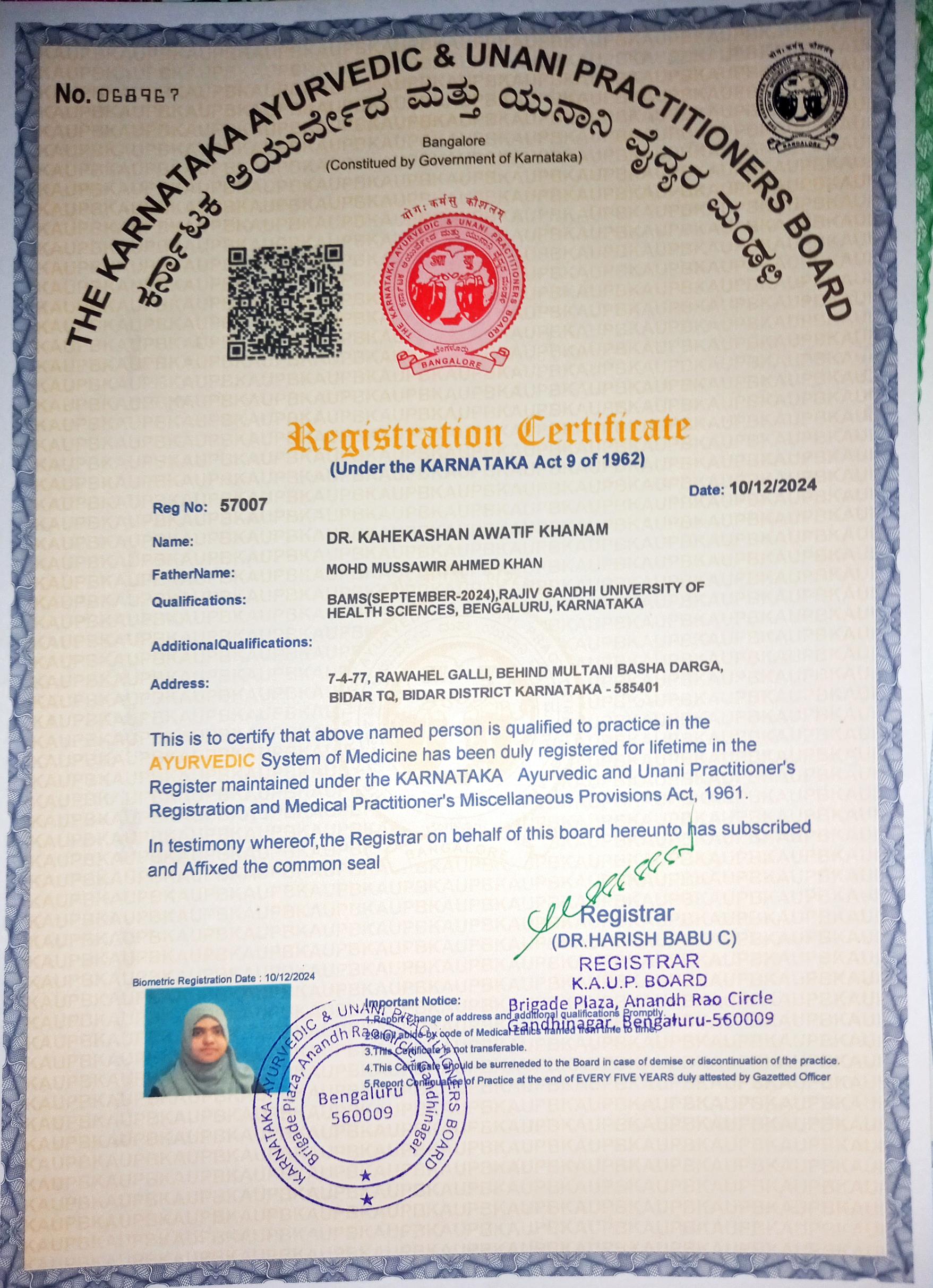 Ayurvedic doctor's certificate