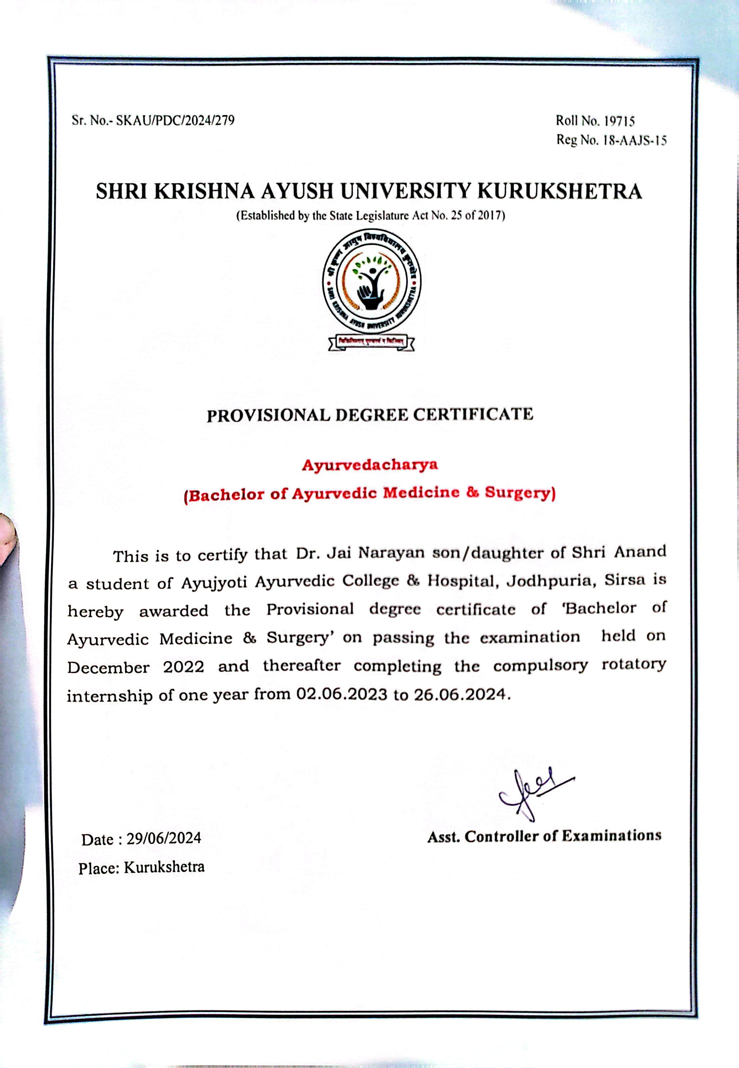 Ayurvedic doctor's certificate
