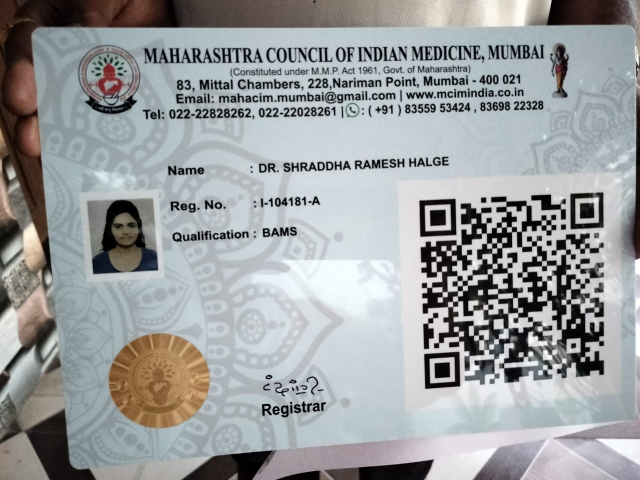 Ayurvedic doctor's certificate