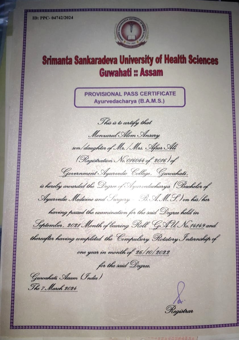 Ayurvedic doctor's certificate
