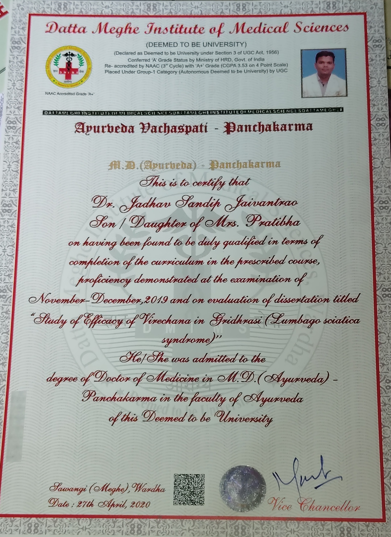 Ayurvedic doctor's certificate
