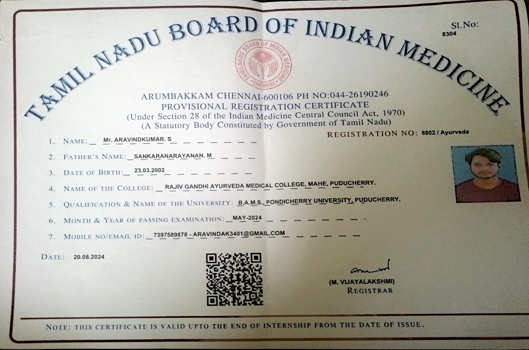 Ayurvedic doctor's certificate