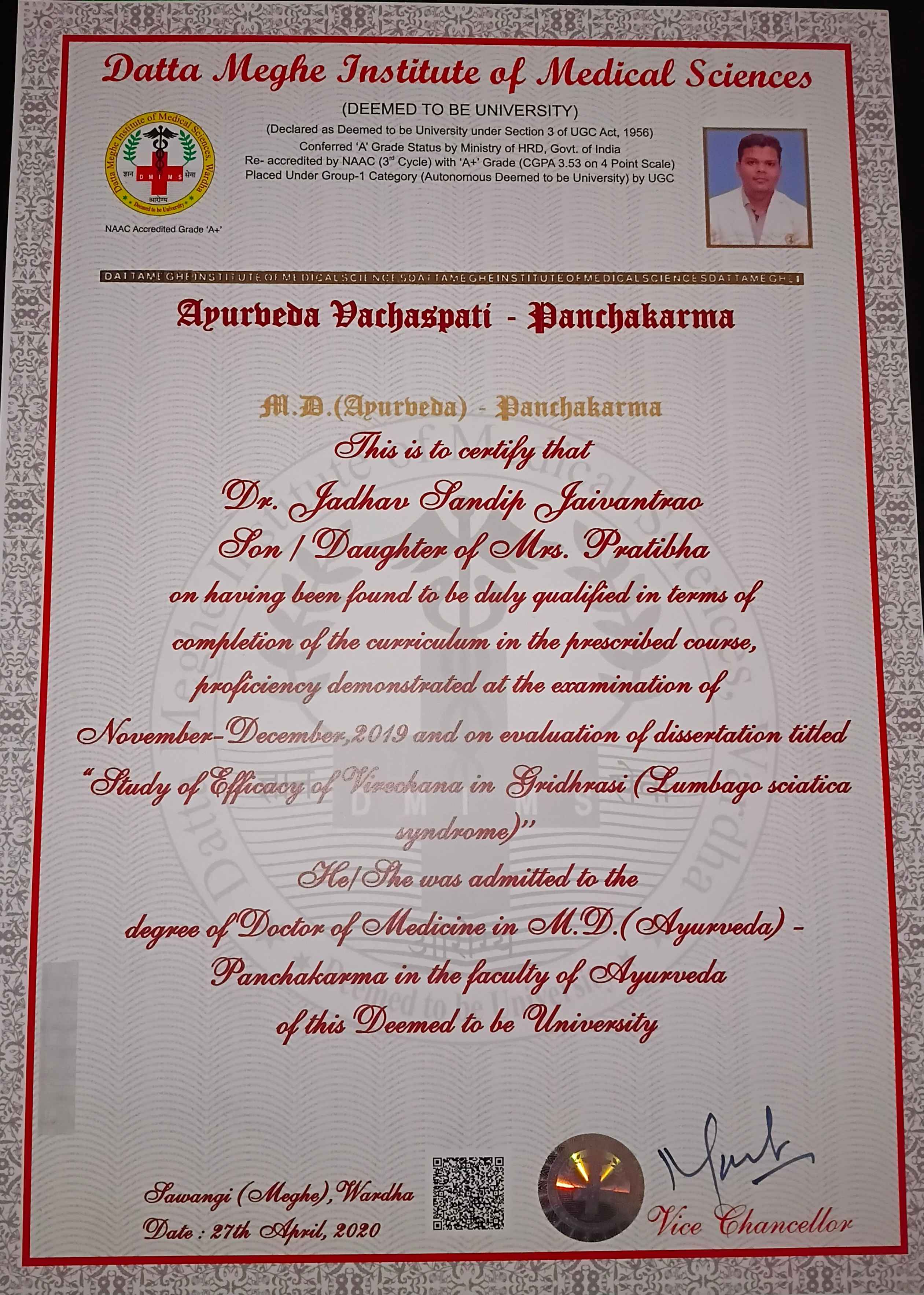 Ayurvedic doctor's certificate