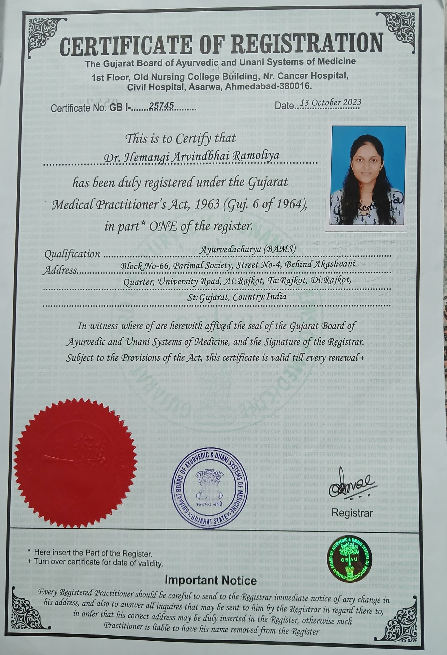 Ayurvedic doctor's certificate