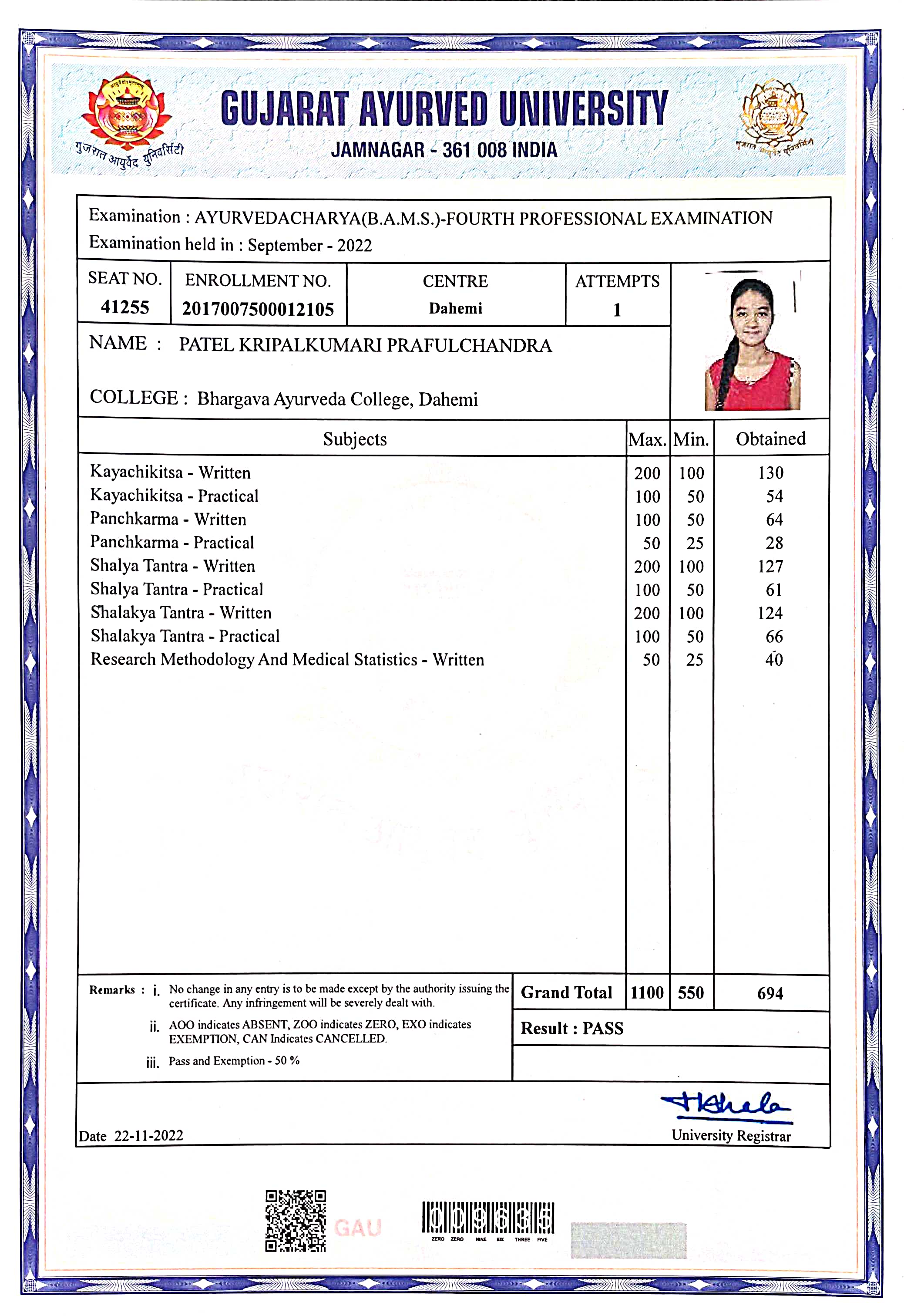 Ayurvedic doctor's certificate