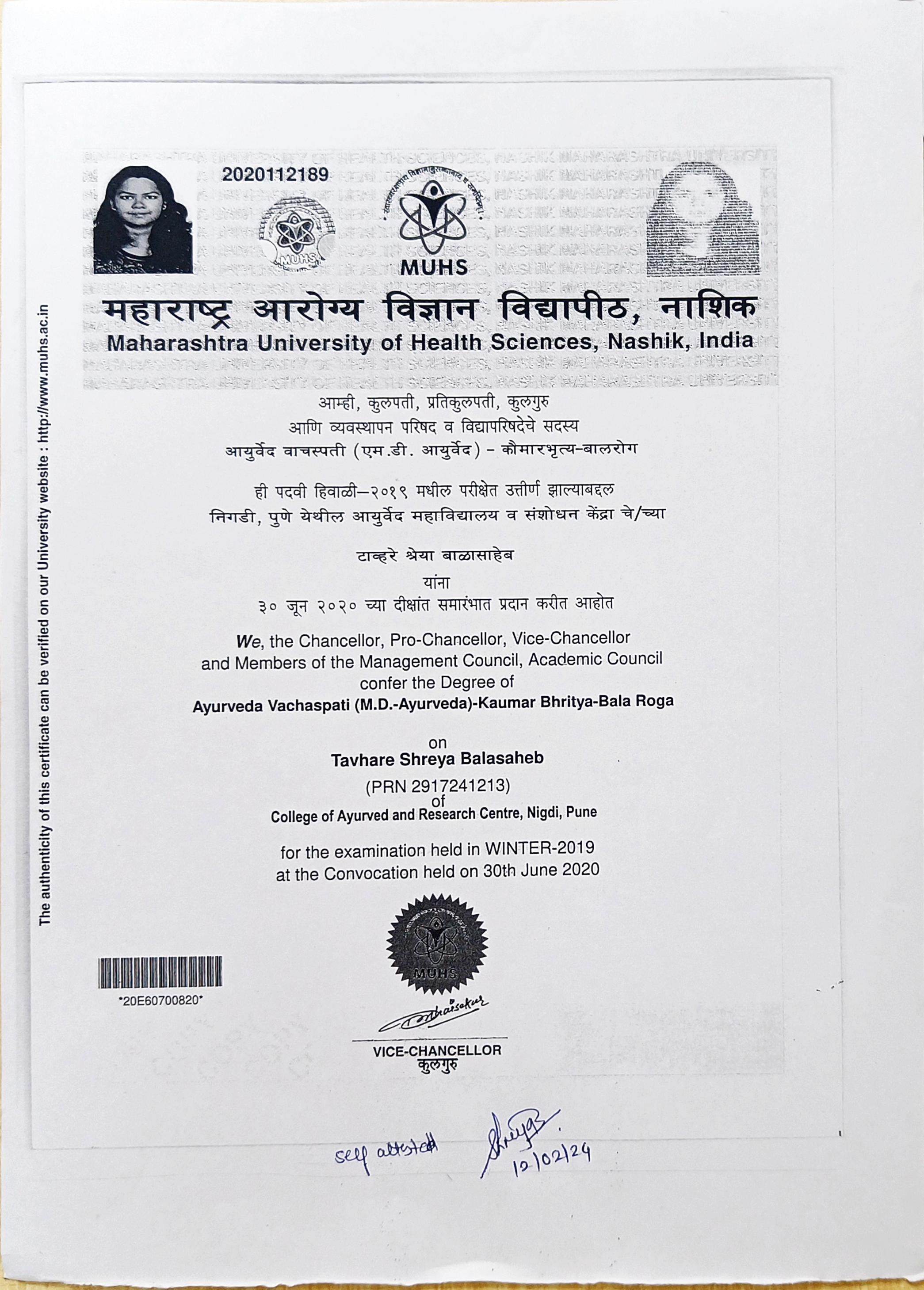 Ayurvedic doctor's certificate