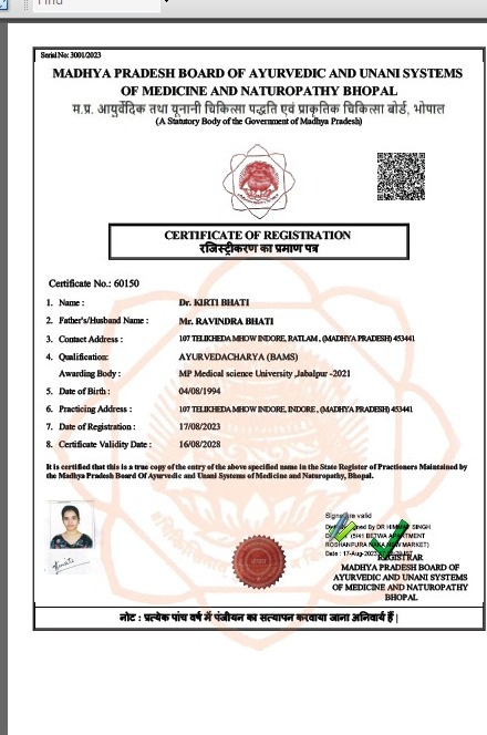 Ayurvedic doctor's certificate