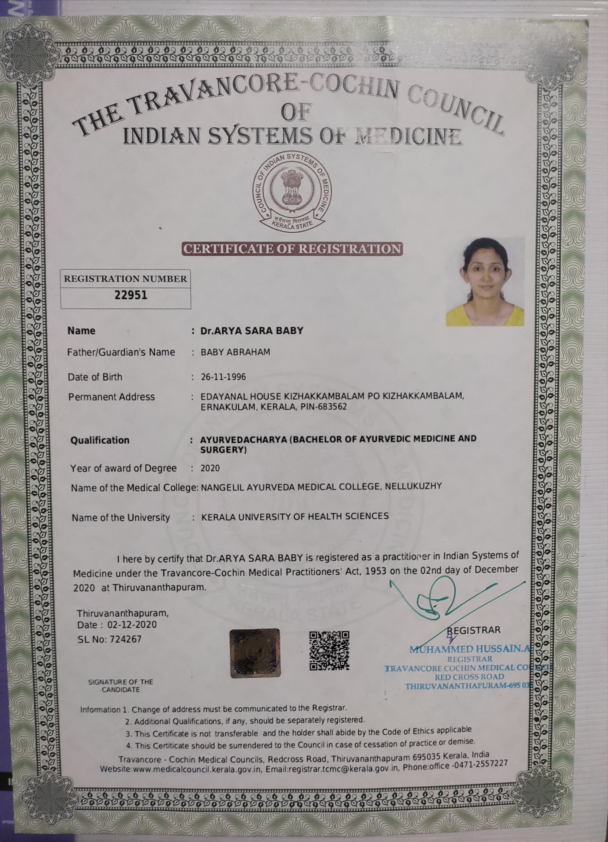 Ayurvedic doctor's certificate