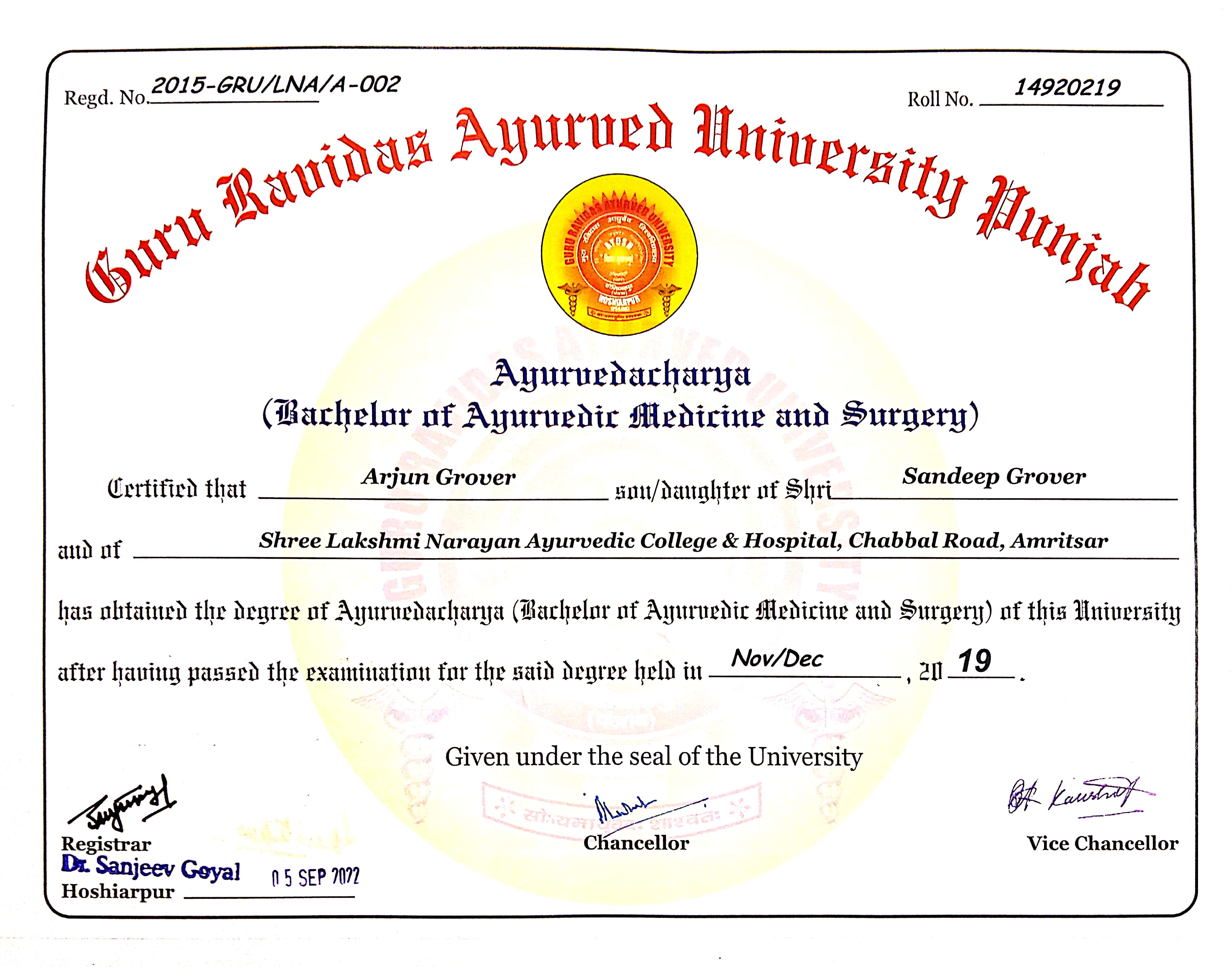 Ayurvedic doctor's certificate