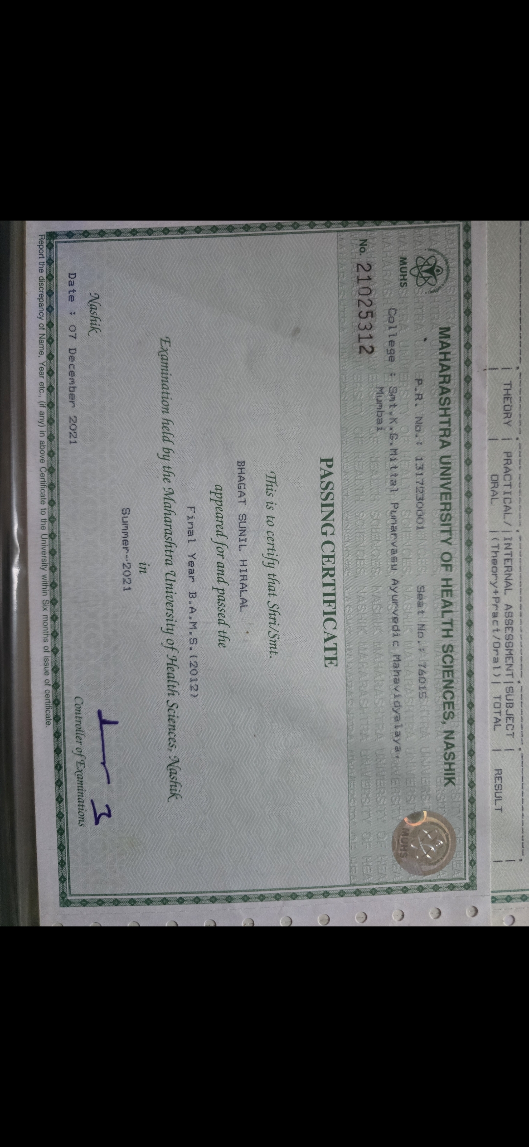 Ayurvedic doctor's certificate