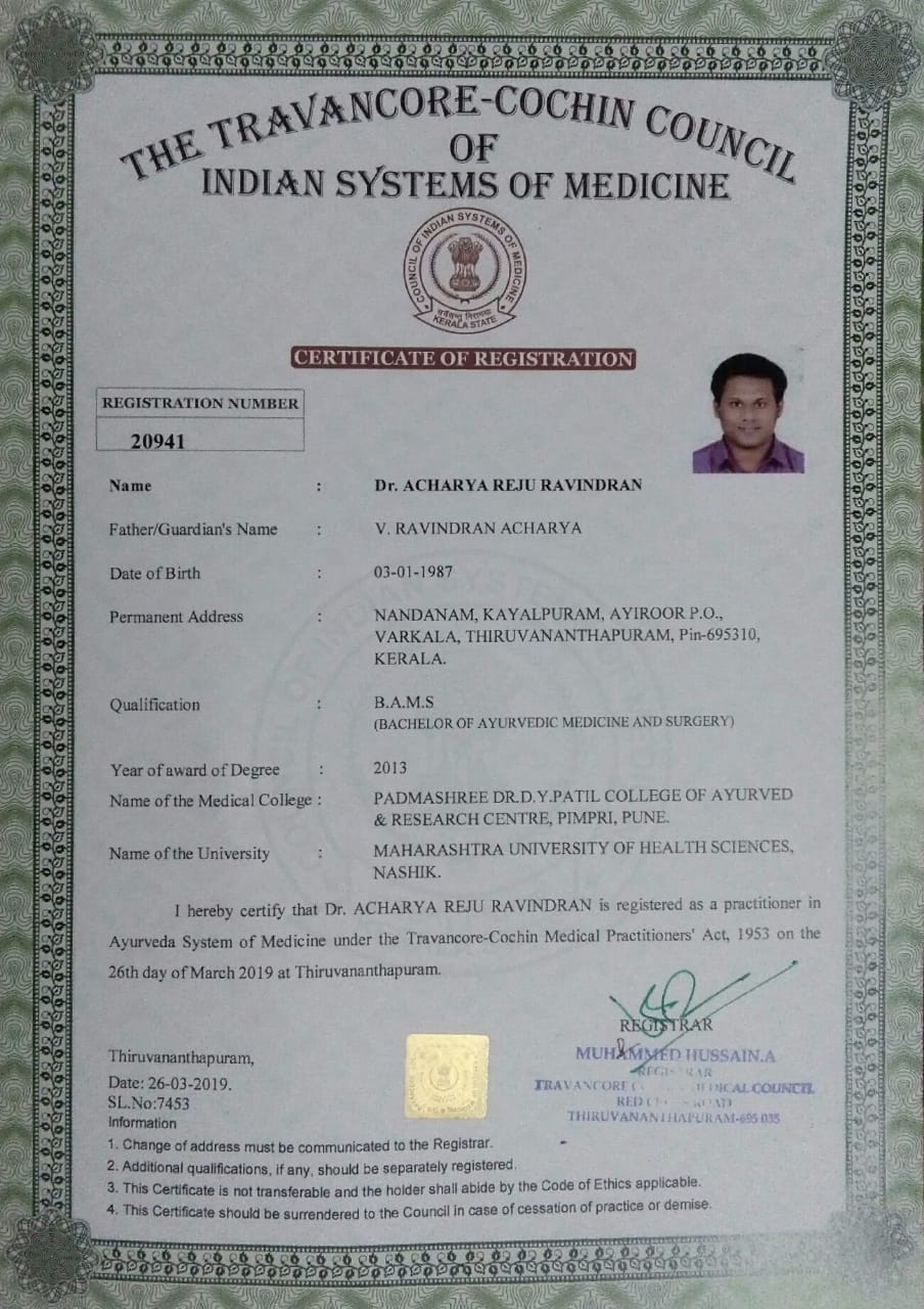 Ayurvedic doctor's certificate