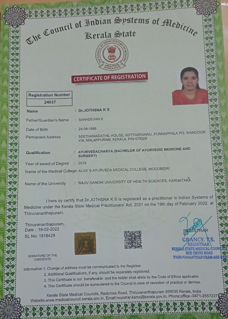 Ayurvedic doctor's certificate