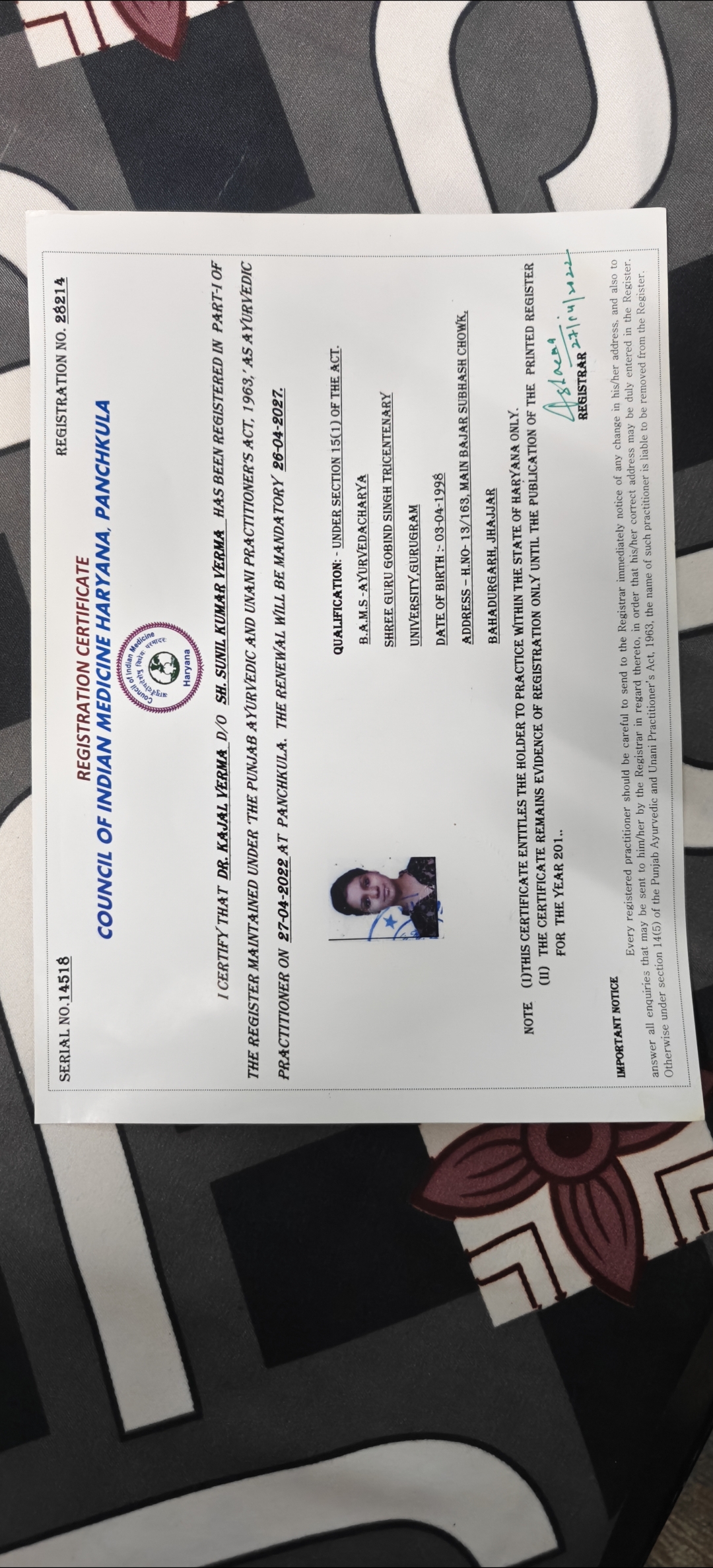 Ayurvedic doctor's certificate
