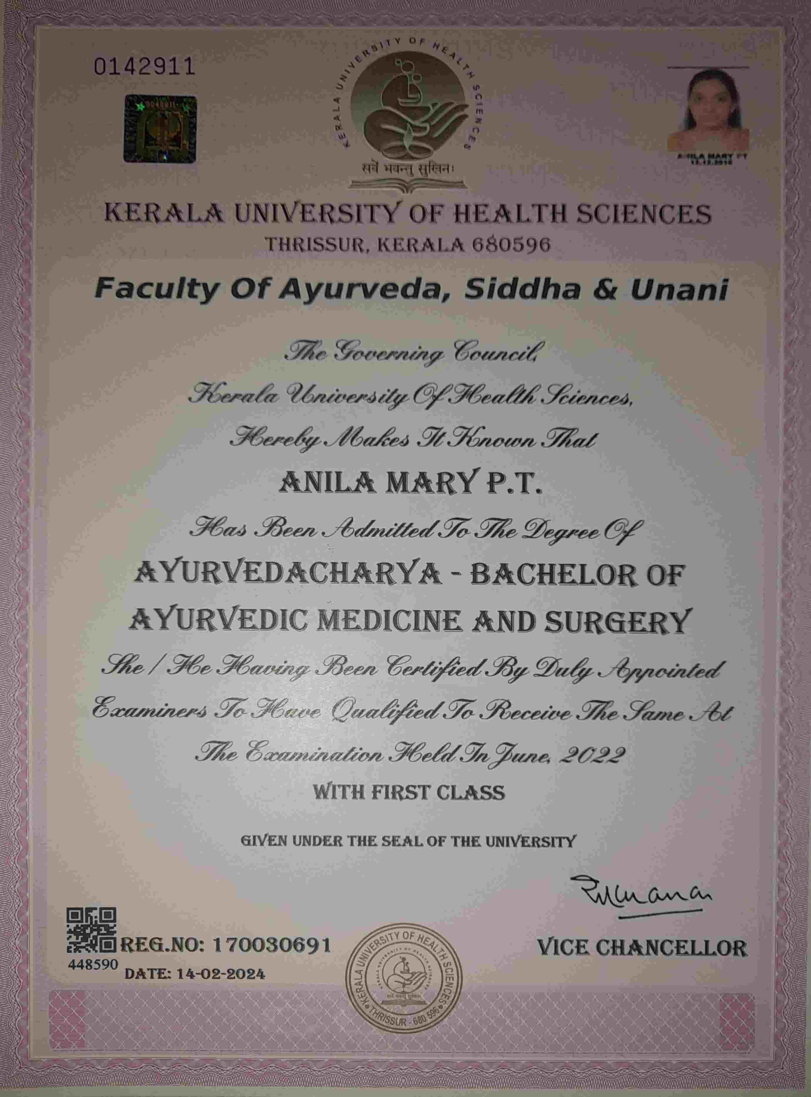 Ayurvedic doctor's certificate