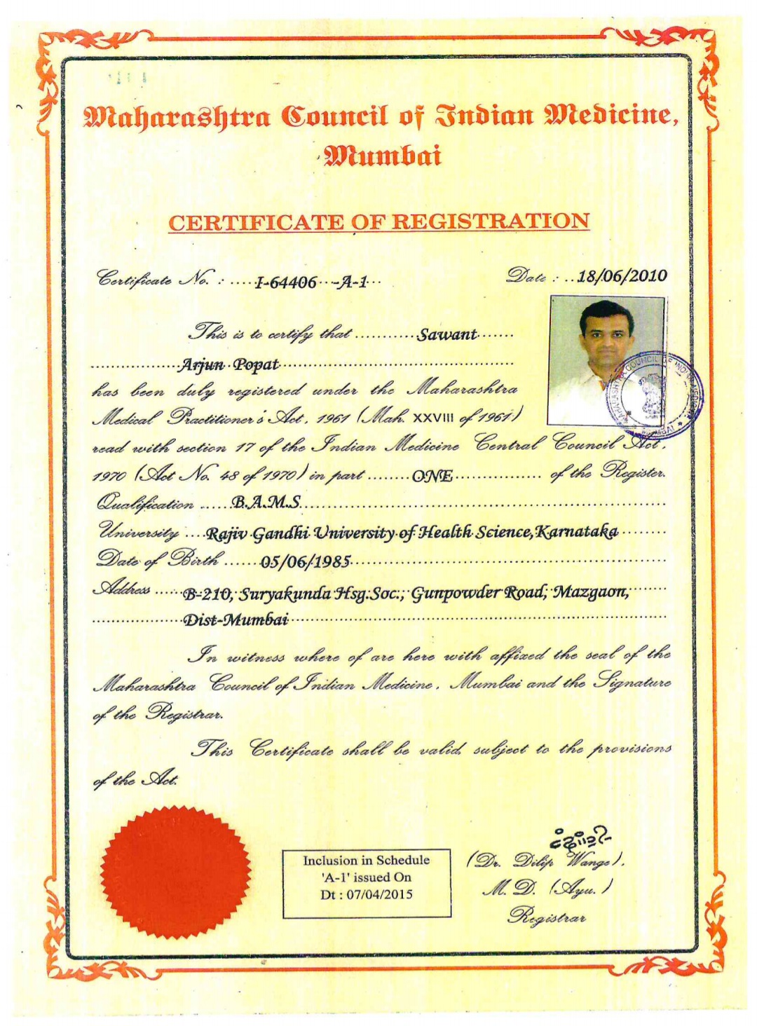 Ayurvedic doctor's certificate