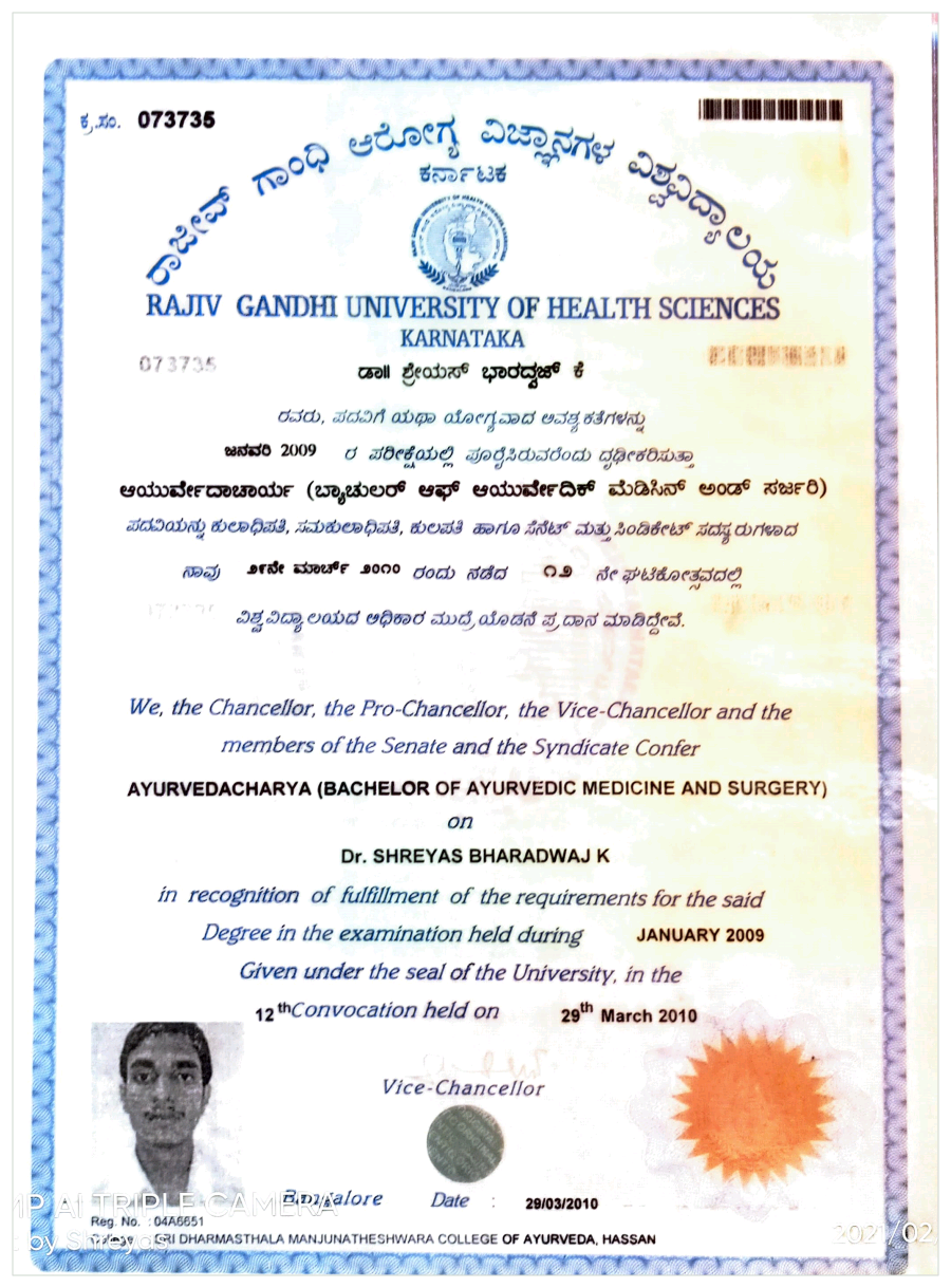 Ayurvedic doctor's certificate