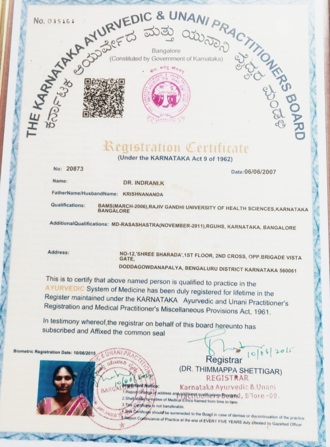 Ayurvedic doctor's certificate
