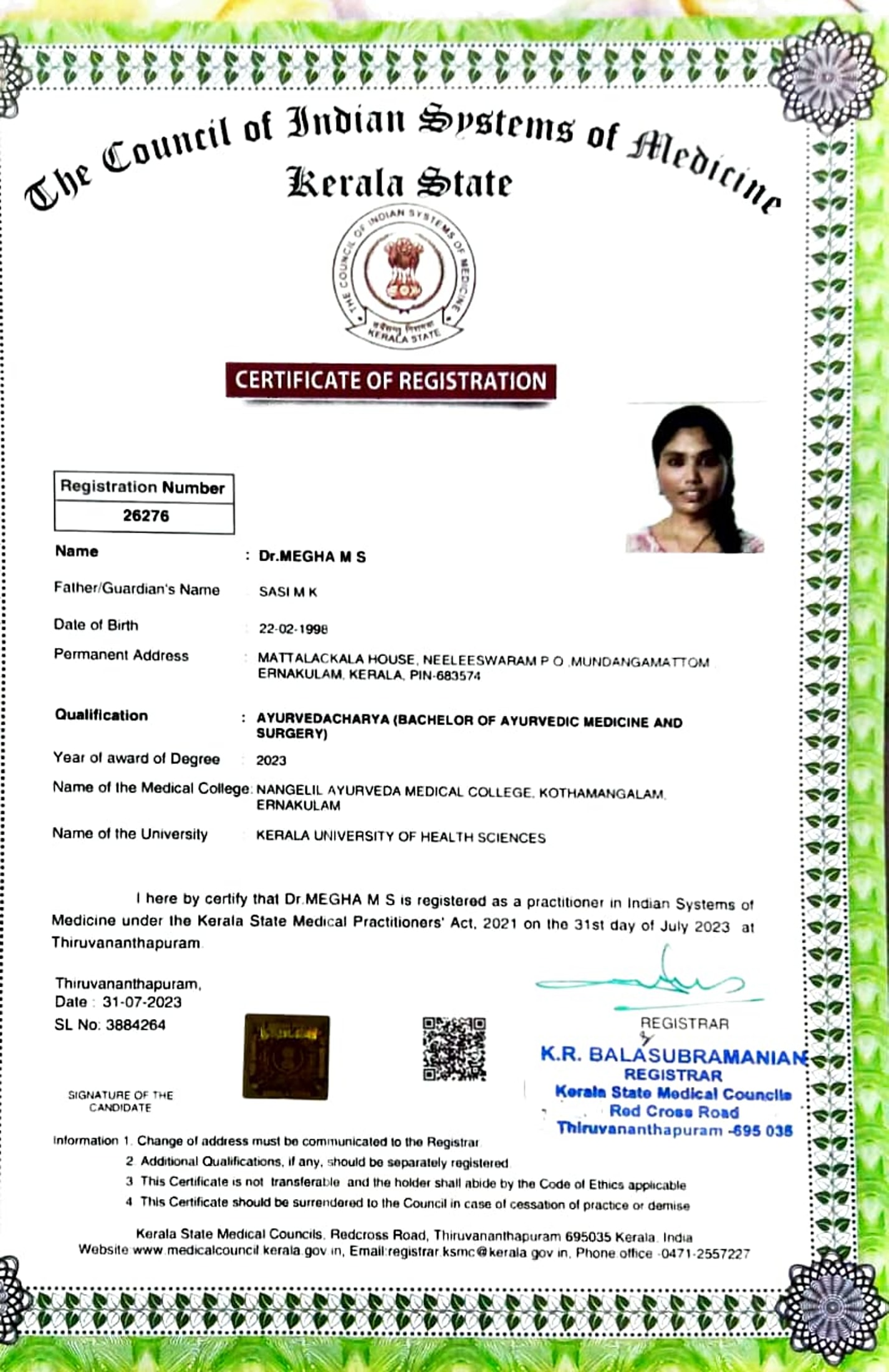 Ayurvedic doctor's certificate