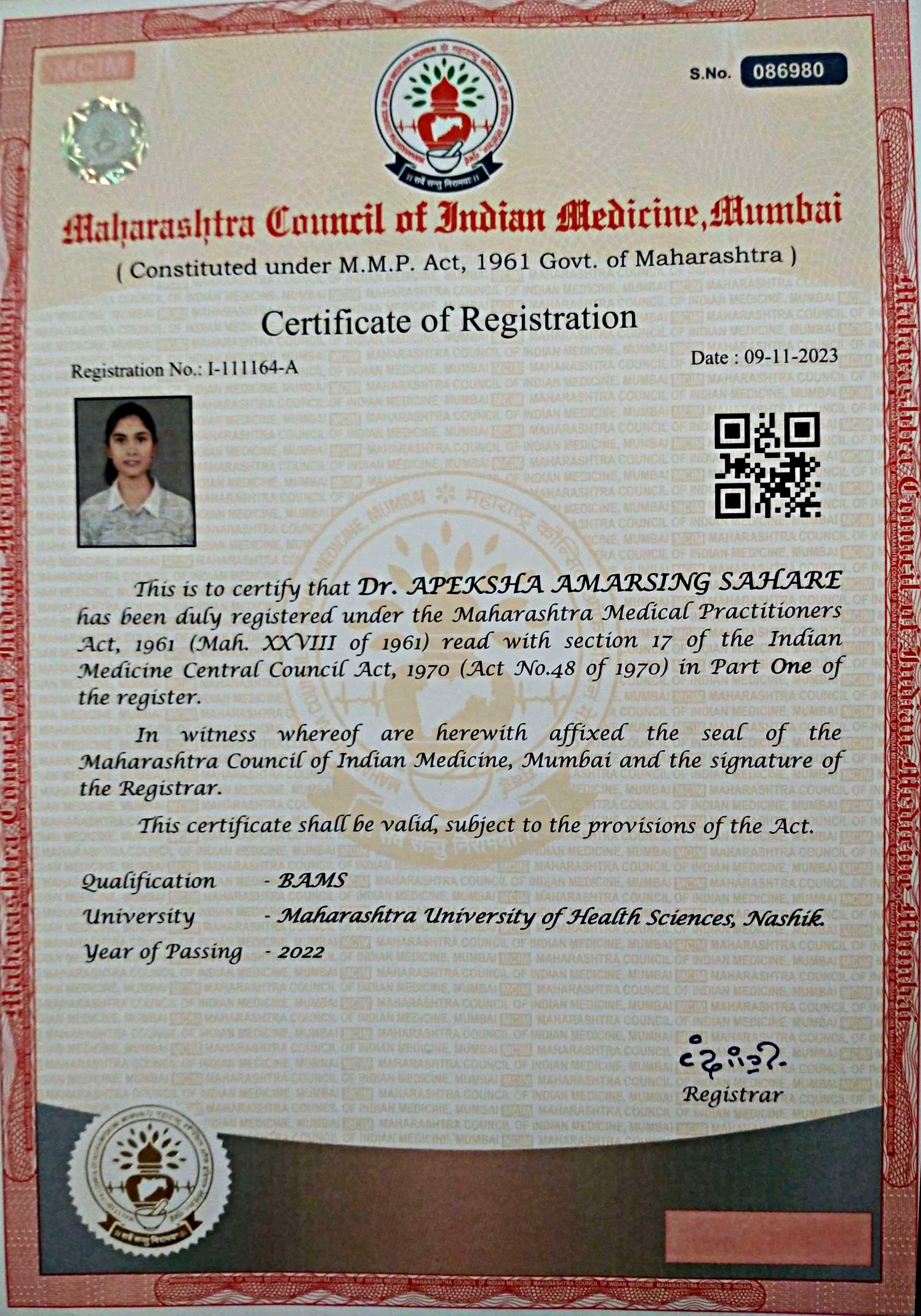 Ayurvedic doctor's certificate