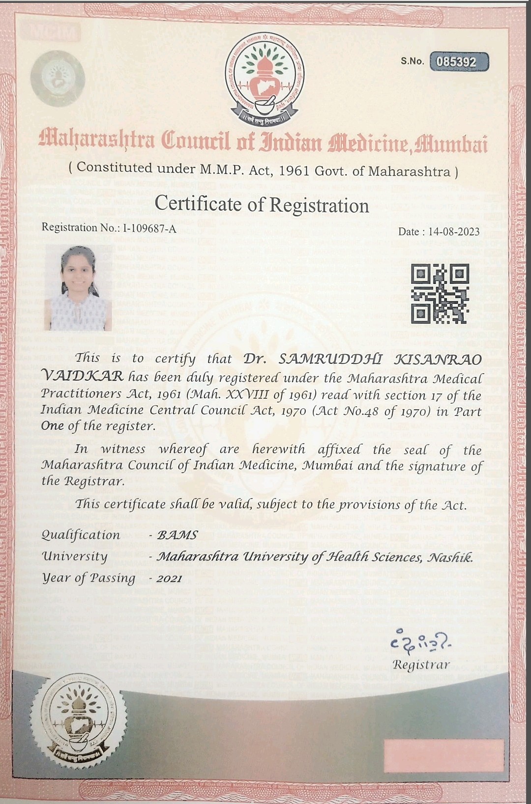 Ayurvedic doctor's certificate