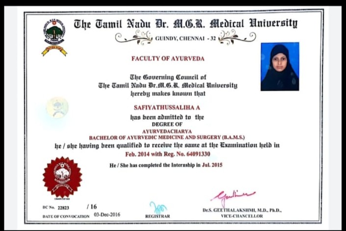 Ayurvedic doctor's certificate