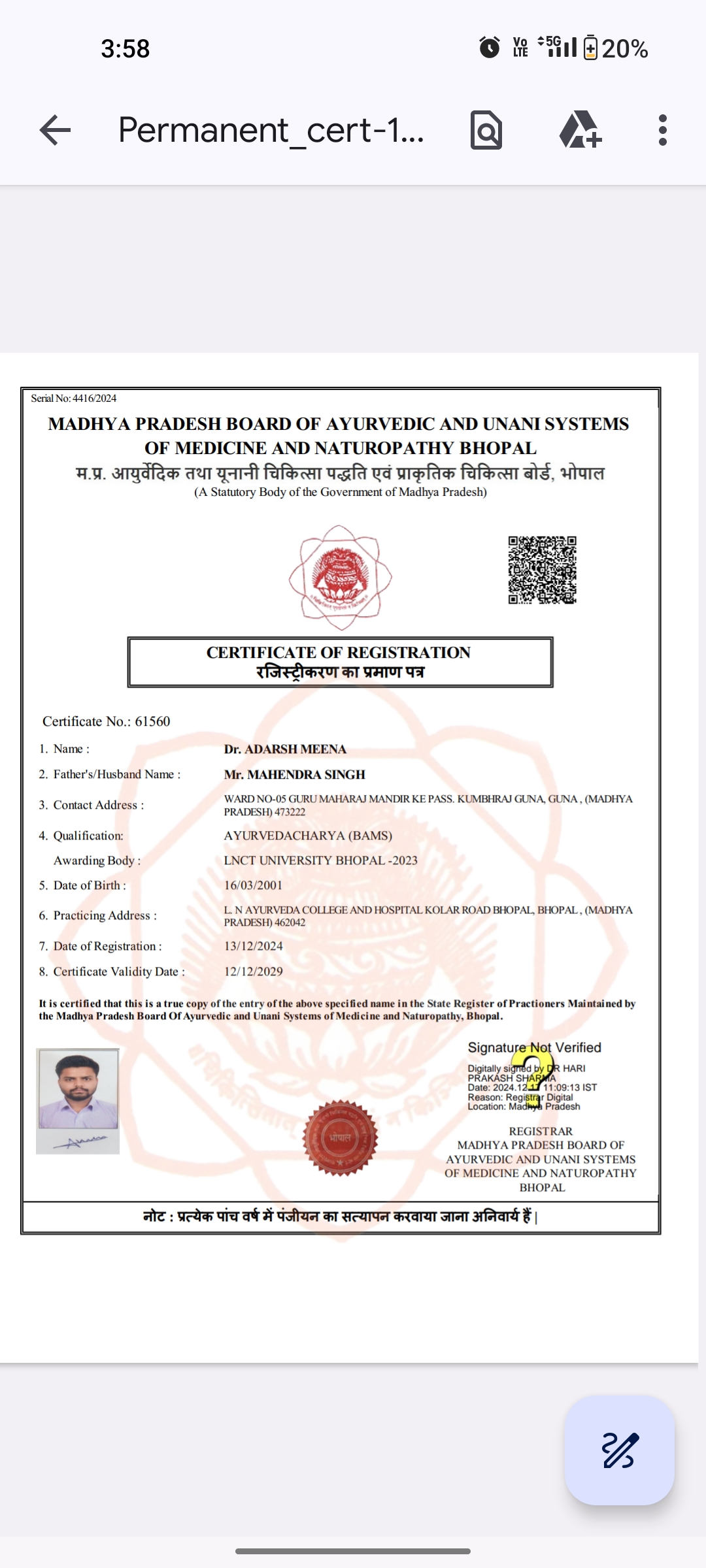 Ayurvedic doctor's certificate