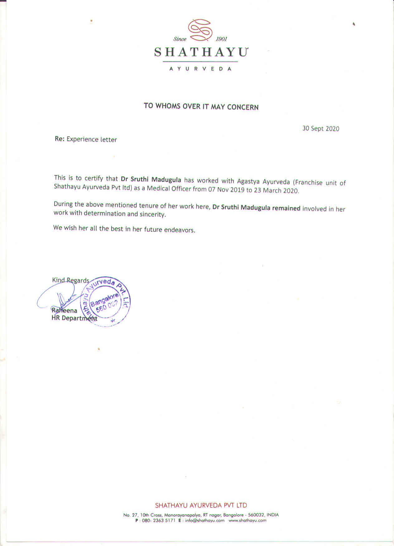 Ayurvedic doctor's certificate